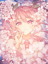 Rule 34 | 1girl, absurdres, cherry blossoms, closed mouth, collared shirt, commentary request, falling petals, hair ornament, hatsune miku, highres, holding, holding petal, leaf hair ornament, looking at viewer, necktie, petals, pink eyes, pink hair, pink necktie, pink theme, sakura miku, shirt, solo, twintails, twitter username, upper body, vocaloid, yuzuha wasa