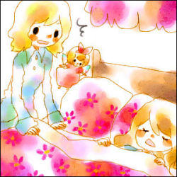 Rule 34 | 2girls, :d, :o, alice margatroid, bed, bed sheet, blanket, blonde hair, blush, buttons, female focus, floral print, kirisame marisa, long sleeves, lowres, lying, mana (artist), multiple girls, on back, on bed, open mouth, pajamas, pillow, shanghai doll, sleeping, smile, squiggle, standing, touhou, upper body, wavy mouth, yuri