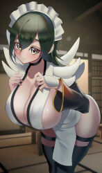 Rule 34 | 1girl, absurdres, apron, black hair, blush, breasts, choker, cleavage, closed mouth, collarbone, detached sleeves, hair ornament, hairclip, hand on own chest, highres, huge breasts, indoors, iroha (samurai spirits), japanese clothes, large breasts, leaning forward, lips, looking at viewer, maid, maid headdress, pelvic curtain, revealing clothes, samurai spirits, sato one1, shiny skin, short hair, simple background, skindentation, sleeveless, smile, solo, thighhighs, thighs, white apron, wide hips, wide sleeves