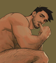 Rule 34 | 1boy, absurdres, bara, black hair, brown background, brown eyes, chest hair, completely nude, earrings, facial hair, highres, jewelry, large pectorals, leg hair, looking at viewer, male focus, muscular, muscular male, navel hair, nipples, nude, original, pectorals, seupil hyugo (spirohugo), short hair, simple background, solo, thick thighs, thighs