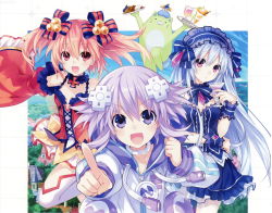 Rule 34 | 3girls, absurdres, alyn (fairy fencer f), bare shoulders, blush, bow, breasts, creator connection, crossover, d-pad, d-pad hair ornament, detached sleeves, fairy fencer f, frills, hair ornament, hairband, highres, lolita fashion, lolita hairband, long hair, looking at viewer, multiple girls, neptune (neptunia), neptune (series), official art, open mouth, pipin (fairy fencer f), purple eyes, purple hair, red eyes, red hair, ribbon, short hair, skirt, smile, thighhighs, tiara (fairy fencer f), tsunako, twintails, white hair