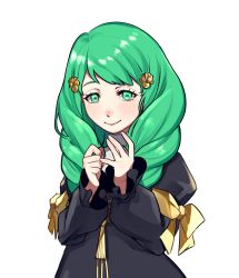 Rule 34 | 1girl, closed mouth, drill hair, fire emblem, fire emblem: three houses, flayn (fire emblem), garreg mach monastery uniform, green eyes, green hair, hair ornament, hairclip, hands up, highres, kikyou293, long hair, long sleeves, looking at viewer, nintendo, ribbon, smile, turtleneck, upper body, white background