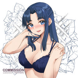 Rule 34 | 1girl, :d, asakura ryouko, bare arms, bare shoulders, blue bra, blue eyes, blue hair, blush, bra, breasts, cleavage, commentary, hands up, head tilt, highres, large breasts, long hair, looking at viewer, nose blush, open mouth, pinepin, sidelocks, simple background, smile, solo, suzumiya haruhi no yuuutsu, symbol-only commentary, underwear, upper body, white background