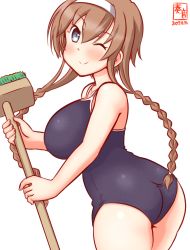 Rule 34 | 1girl, alternate costume, artist logo, ass, blue one-piece swimsuit, braid, breasts, cleaning brush, commentary request, competition school swimsuit, cowboy shot, dated, grey eyes, hairband, kanon (kurogane knights), kantai collection, large breasts, light brown hair, long hair, looking at viewer, looking back, one-hour drawing challenge, one-piece swimsuit, one eye closed, school swimsuit, simple background, smile, solo, swimsuit, teruzuki (kancolle), twin braids, white background, white hairband