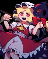 Rule 34 | 1girl, ascot, black background, blonde hair, bow, collared shirt, cropped legs, crystal, crystal wings, fang, flandre scarlet, frilled shirt collar, frilled skirt, frilled sleeves, frills, hat, highres, holding, holding weapon, iganashi1, laevatein (touhou), looking at viewer, mob cap, open mouth, pointing, pointing at self, puffy short sleeves, puffy sleeves, red bow, red eyes, red skirt, red vest, shirt, short hair, short sleeves, simple background, skirt, skirt set, slit pupils, solo, teeth, touhou, vest, weapon, white shirt, wings, wrist cuffs, yellow ascot