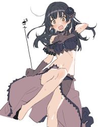 Rule 34 | 1girl, black flower, black footwear, black hair, blunt bangs, blush, breasts, brown eyes, feet out of frame, flower, hair flower, hair ornament, high heels, highres, idol, idolmaster, idolmaster shiny colors, legs, long hair, looking at viewer, mayuzumi fuyuko, medium breasts, navel, open mouth, simple background, sketch, solo, standing, standing on one leg, sweat, teshima nari, thighs, two side up, white background