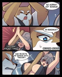 Rule 34 | 1boy, 1girl, 4koma, animal ears, armpits, blue eyes, breasts, brown fur, butter sugoi, cleavage, comic, dog, dog ears, doge, earrings, english text, furry, grey hair, huge breasts, jewelry, meme, motion lines, paizuri, red eyes, surprised, sweat, tagme, thick eyebrows