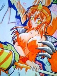 Rule 34 | 1girl, breasts, digimon, dorulumon, drill, female focus, lance, large breasts, orange hair, personification, polearm, solo, weapon, yellow eyes