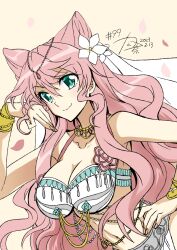 Rule 34 | 1girl, arabian clothes, bare shoulders, bracelet, breasts, cleavage, commentary request, dancer, green eyes, hair ornament, highres, jewelry, kanna (plum), large breasts, long hair, looking at viewer, maria cadenzavna eve, navel, pink hair, senki zesshou symphogear, smile, solo, veil