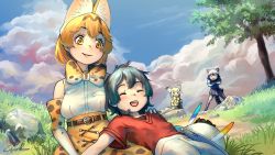 Rule 34 | 4girls, :3, :d, ^ ^, animal ear fluff, animal ears, belt, black hair, blonde hair, blue sky, bow, bowtie, closed eyes, cloud, commentary request, common raccoon (kemono friends), day, elbow gloves, extra ears, fennec (kemono friends), fox ears, gloves, grass, hat, hat feather, unworn hat, unworn headwear, high-waist skirt, highres, kaban (kemono friends), kemono friends, lying, multiple girls, nature, on lap, open mouth, outdoors, parted lips, print bow, print gloves, print neckwear, print skirt, raccoon ears, raccoon tail, red shirt, rock, serval (kemono friends), serval print, shirt, short hair, shorts, signature, skirt, sky, smile, tail, traditional bowtie, tree, welt (kinsei koutenkyoku), white shirt, white shorts, yellow eyes