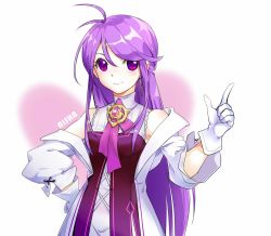 Rule 34 | 1girl, aether sage (elsword), ahoge, aisha landar, artist request, bare shoulders, collared shirt, colorized, earrings, elsword, frills, gloves, hand up, highres, jacket, jewelry, long hair, necktie, puffy short sleeves, puffy sleeves, purple eyes, purple hair, shirt, short sleeves, sidelocks, smile, solo, tie clip, white background