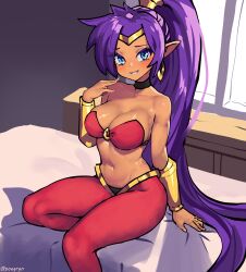 Rule 34 | 1girl, arm support, bed, blue eyes, breasts, cleavage, dark-skinned female, dark skin, highres, large breasts, legs, long hair, looking at viewer, midriff, navel, o-ring, o-ring top, pants, poegryn, ponytail, shantae, shantae (series), sitting, smile, solo, thighs, very long hair