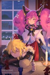 Rule 34 | 1boy, 1girl, alberius (dragalia lost), artist name, black dress, blonde hair, blue hair, brown gloves, candle, capelet, cleo (dragalia lost), closed eyes, closed mouth, commentary, covering with blanket, crossed arms, curtains, dragalia lost, dress, english commentary, fire, fur trim, gloves, gradient hair, hair between eyes, hentaki, highres, indoors, long hair, long sleeves, multicolored hair, pink hair, sidelocks, smile, transparent, twintails, very long hair, watermark, web address, white capelet, window