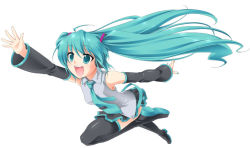 Rule 34 | 1girl, ahoge, aqua eyes, aqua hair, detached sleeves, female focus, full body, hatsune miku, long hair, manji taba, necktie, outstretched arm, reaching, simple background, skirt, smile, solo, thighhighs, twintails, very long hair, vocaloid, white background