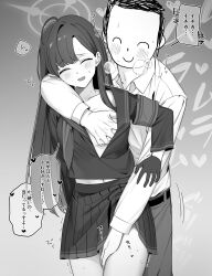 Rule 34 | 1boy, 1girl, armband, belt, black hair, blue archive, blush, breasts, closed eyes, clothes lift, commentary request, gloves, grabbing, grabbing another&#039;s breast, halo, heart, highres, ichika (blue archive), long hair, monochrome, navel, no bra, open clothes, pants, partial commentary, partially translated, sensei (blue archive), shioya (mokuu ), shirt, skirt, skirt lift, sweat, translation request