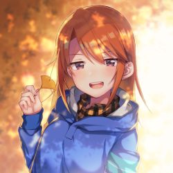 Rule 34 | 1girl, :d, absurdres, armband, autumn, autumn leaves, bad id, bad pixiv id, blue coat, blurry, blush, brown shirt, coat, collared shirt, commentary request, day, depth of field, ginkgo leaf, hand up, highres, holding, holding leaf, hood, hood down, hooded coat, ichiren namiro, idolmaster, idolmaster cinderella girls, leaf, long hair, long sleeves, looking at viewer, open mouth, outdoors, plaid, plaid shirt, purple eyes, red hair, shirt, sleeves past wrists, smile, solo, teeth, upper body, upper teeth only, wing collar, yuuki haru