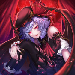 Rule 34 | 1girl, alternate costume, bare shoulders, bat wings, black hat, commentary request, hat, hat ribbon, knees up, looking at viewer, mob cap, purple hair, re (re 09), red eyes, red ribbon, remilia scarlet, ribbon, short hair, solo, teeth, touhou, upper teeth only, wings