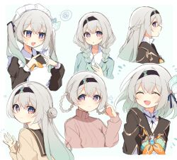 Rule 34 | 1girl, alternate costume, alternate hairstyle, apron, black dress, black hairband, blue pupils, blush, commentary request, dress, enmaided, firefly (honkai: star rail), frilled apron, frills, grey hair, hair between eyes, hair intakes, hair ribbon, hairband, highres, honkai: star rail, honkai (series), long hair, looking at viewer, maid, maid apron, maid headdress, multiple views, neckerchief, open mouth, orange neckerchief, ribbon, shirt, sidelocks, simple background, smile, spoken squiggle, squiggle, two-tone eyes, uwasewau, white apron, white shirt