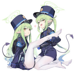Rule 34 | 2girls, absurdres, ass, black hat, black jacket, black shorts, black skirt, black tail, blue archive, blush, buttons, commentary request, demon tail, double-breasted, earrings, gloves, green hair, green halo, halo, hat, heart, hikari (blue archive), nozomi (blue archive), highres, jacket, jewelry, long hair, long sleeves, multiple girls, open mouth, pantyhose, peaked cap, pleated skirt, pointy ears, shorts, sidelocks, simple background, skirt, smile, tail, twintails, white background, white gloves, white pantyhose, yamano (yamanoh), yellow eyes