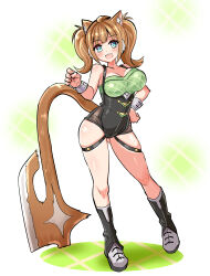 Rule 34 | 1girl, animal ears, aqua eyes, axe, bandeau, battle axe, black footwear, black leotard, boots, breasts, brown hair, cat ears, cat girl, cat tail, commentary, cougar (cougar1404), full body, green bandeau, hand on own hip, leotard, looking at viewer, medium breasts, medium hair, megu (cougar1404), open mouth, original, sleeveless, smile, solo, standing, standing on one leg, tail, thigh strap, twintails, weapon, wrist cuffs