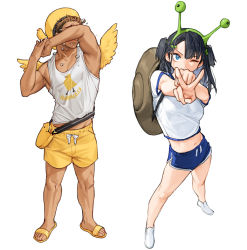Rule 34 | 1boy, 1girl, bare legs, biceps, black hair, blue eyes, blue shorts, breasts, bright pupils, clenched hand, dolphin shorts, feathered wings, hairband, highres, long hair, medium breasts, midriff, muscular, muscular male, navel, one eye closed, original, pectorals, print tank top, rinotuna, sandals, shirt, shoes, shorts, simple background, snail costume, tank top, tears, v, white background, white footwear, white pupils, white shirt, white tank top, wings, yellow footwear, yellow headwear, yellow wings