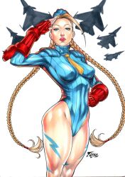 Rule 34 | 1girl, 2022, ahoge, aircraft, airplane, armband, artist request, ass, black armband, blonde hair, blue eyes, blue leotard, bodypaint, braid, breasts, cammy white, curvy, dated, fingerless gloves, garrison cap, gloves, hand on own hip, hat, heattech leotard, highleg, highleg leotard, highres, leotard, long hair, medium breasts, necktie, red gloves, ribbed leotard, salute, shiny skin, street fighter, traditional media, turtleneck, twin braids, very long hair, wide hips, yellow necktie