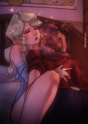 Rule 34 | 2girls, ass, bangdacy, bed, blonde hair, blush, brown hair, closed eyes, couple, diana cavendish, heart, highres, hug, kagari atsuko, kiss, kissing neck, little witch academia, long hair, multiple girls, on bed, open mouth, sweat, tongue, tongue out, trembling, yuri