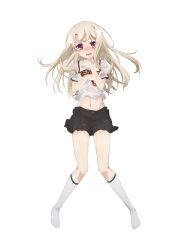 Rule 34 | 1girl, black skirt, blonde hair, blush, breasts, commentary request, embarrassed, fate/kaleid liner prisma illya, fate (series), full body, homurahara academy school uniform, illyasviel von einzbern, kneehighs, long hair, looking at viewer, midriff, miniskirt, navel, nose blush, official art, open mouth, pleated skirt, red eyes, school uniform, shirt, short sleeves, simple background, skirt, small breasts, socks, solo, standing, stomach, thighs, wet, wet clothes, white background, white shirt, white socks