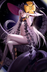 Rule 34 | 1girl, abigail williams (fate), abigail williams (third ascension) (fate), aura, bare shoulders, black bow, black gloves, black hat, black panties, black socks, bow, breasts, crossed legs, eyelashes, fate/grand order, fate (series), feet out of frame, ginxiee, gloves, hand on headwear, hat, hat bow, highres, keyhole, kneehighs, light particles, long hair, looking at viewer, navel, orange bow, pale skin, panties, parted lips, polka dot, polka dot bow, red eyes, red lips, sitting, socks, solo, tentacles, two-sided fabric, two-sided headwear, underwear, very long hair, white hair, witch hat