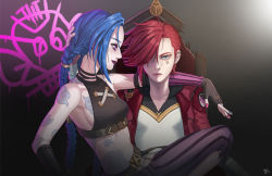 Rule 34 | 2girls, arcane: league of legends, arcane jinx, arcane vi, bare shoulders, black shirt, blouse, blue eyes, blue hair, braid, breasts, brown gloves, brown pants, character name, closed mouth, cloud tattoo, collarbone, detached sleeves, drawing, fingerless gloves, gloves, hair over one eye, highres, jacket, jinx (league of legends), league of legends, long hair, looking at viewer, multiple girls, nail polish, open clothes, open jacket, pants, pink nails, red hair, red jacket, red lips, shirt, short hair, sleeveless, small breasts, stomach, striped clothes, striped pants, striped sleeves, twin braids, two-tone shirt, vi (league of legends), white shirt, ypa (mzyk5255)