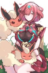 Rule 34 | 1girl, absurdres, black gloves, breasts, chest jewel, creatures (company), crossover, earrings, fingerless gloves, flareon, game freak, gen 1 pokemon, gloves, highres, jewelry, juneplums, large breasts, nintendo, pokemon, pokemon (creature), pyra (xenoblade), red eyes, red hair, red shorts, red thighhighs, short hair, short shorts, shorts, swept bangs, thighhighs, tiara, xenoblade chronicles (series), xenoblade chronicles 2
