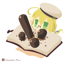 Rule 34 | 10s, 1girl, ahoge, bad id, bad pixiv id, blonde hair, book, chameleon man (three), chibi, flat color, food, glasses, green eyes, hat, i-8 (kancolle), kantai collection, long hair, looking at viewer, no lineart, pocky, simple background, solo, white background