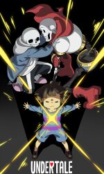 Rule 34 | 1other, 2boys, = =, absurdres, androgynous, ankle boots, black background, black shorts, blue jacket, bone, boots, brothers, brown footwear, brown hair, cape, cel shading, child, closed eyes, commentary, copyright name, floating cape, frisk (undertale), from above, full body, gloves, glowing, grey background, grin, hand on another&#039;s shoulder, highres, hood, hood down, hooded jacket, jacket, kamezaemon, legs apart, male focus, multiple boys, on one knee, open clothes, open jacket, outstretched arms, papyrus (undertale), pink footwear, red cape, red footwear, red gloves, romper, sans (undertale), shoes, short hair, shorts, siblings, simple background, skeleton, slippers, smile, socks, spread arms, standing, sweatdrop, two-tone background, undertale, white socks