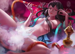Rule 34 | 1girl, barefoot, black hair, chinese clothes, hanfu, hehuolige, highres, long hair, long sleeves, looking at viewer, lying, on back, original, parted lips, partially undressed, purple background, smoke, solo, spread legs, teeth, thighs