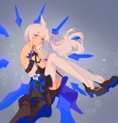 Rule 34 | 1girl, absurdres, bare shoulders, black dress, black footwear, blue eyes, closed mouth, commentary, dress, english commentary, from side, gloves, grey background, hair between eyes, hand up, highres, honkai (series), honkai impact 3rd, long hair, looking at viewer, looking to the side, mararu, see-through, shoes, side ponytail, signature, simple background, smile, solo, theresa apocalypse, theresa apocalypse (twilight paladin), thighhighs, white gloves, white hair, white thighhighs