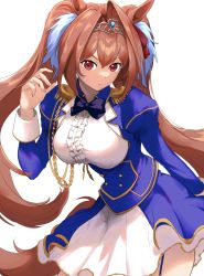 Rule 34 | 1girl, aiguillette, animal ears, blue bow, blue jacket, blue skirt, bow, bowtie, breasts, brown hair, center frills, closed mouth, contrapposto, cowboy shot, daiwa scarlet (umamusume), epaulettes, frills, garter straps, hair between eyes, hair intakes, hair ornament, hand up, highres, horse ears, horse girl, horse tail, iwashi 111, jacket, large breasts, leaning forward, long hair, long sleeves, looking at viewer, multicolored clothes, multicolored skirt, puffy sleeves, red eyes, shirt, simple background, skirt, solo, tail, tiara, twintails, umamusume, v-shaped eyebrows, very long hair, white background, white shirt, white skirt