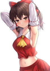 Rule 34 | 1girl, armpits, arms up, ascot, blush, bow, breasts, brown eyes, brown hair, closed mouth, collarbone, detached sleeves, hair bow, hakurei reimu, highres, looking at viewer, medium breasts, medium hair, navel, red bow, red shirt, reijing etrn, ribbon-trimmed sleeves, ribbon trim, shirt, sideboob, sidelocks, simple background, solo, touhou, upper body, white background, wide sleeves, yellow ascot