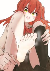 1girl barefoot blush bocchi_the_rock! feet hangyaku_113 highres kita_ikuyo long_hair looking_at_viewer open_mouth red_hair soles steam toes unworn_socks yellow_eyes