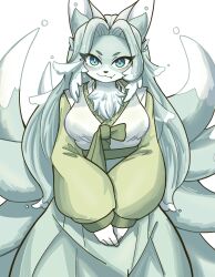 Rule 34 | 1girl, :3, animal ear fluff, animal ears, animal nose, blue eyes, body fur, breasts, bright pupils, closed mouth, fang, female focus, forehead, fox ears, fox girl, fox tail, furry, furry female, green fur, green hair, green skirt, hair intakes, happy, highres, kitsune, long hair, looking at viewer, medium breasts, multiple tails, original, own hands together, pleated skirt, raglan sleeves, shirt, simple background, skirt, smile, solo, standing, straight-on, tail, tofffffu, two-tone fur, v-shaped eyebrows, v arms, white background, white fur, white pupils, white shirt, yellow sleeves