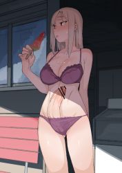 Rule 34 | 1futa, bar censor, blush, bra, breasts, censored, cleavage, closed mouth, collarbone, erection, food, futanari, highres, large breasts, large penis, looking to the side, momo no suidou-sui, original, panties, penis, penis in panties, popsicle, purple bra, purple panties, red eyes, shadow, silver hair, solo, sunlight, sweat, tongue, tongue out, underwear, underwear only, watermelon bar