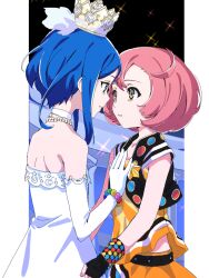 Rule 34 | 2girls, ayase naru, bare shoulders, belt, black belt, black gloves, black jacket, blue eyes, blue hair, bracelet, choker, cropped jacket, crown, dress, eye contact, face-to-face, feathers, gloves, hand on another&#039;s chest, jacket, jewelry, looking at another, multiple girls, orange shirt, orange skirt, parted lips, pink hair, pretty rhythm, pretty rhythm rainbow live, pretty series, rinne (pretty rhythm), sad, shirt, short hair, skirt, sleeveless, sleeveless jacket, standing, star (symbol), tearing up, white choker, white dress, yadehi, yellow eyes