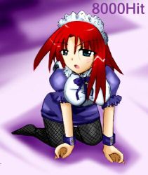 Rule 34 | 00s, 1girl, all fours, alternate costume, blue eyes, breasts, enmaided, fishnets, forte stollen, galaxy angel, large breasts, looking at viewer, lowres, maid, maid headdress, monocle, no shoes, red hair, solo, wrist cuffs