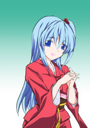 Rule 34 | 1girl, alternate costume, bad id, bad pixiv id, blue eyes, blue hair, female focus, fuantei, gradient background, hair bobbles, hair ornament, japanese clothes, kimono, long hair, mystic square, own hands clasped, own hands together, shinki (touhou), solo, standing, touhou, touhou (pc-98), white background