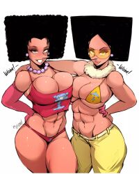 Rule 34 | 2girls, abs, afro, arms around waist, bare shoulders, breasts, cleavage cutout, clothing cutout, curly hair, denim, earrings, gloves, green eyes, hand on own hip, highres, jeans, jewelry, kiwi (one piece), large breasts, lips, looking at viewer, midriff, mozu (one piece), multiple girls, navel, necklace, one piece, ornament, pants, pointy nose, siblings, sideboob, sisters, sunglasses, swimsuit, tank top, thick thighs, thighs, tight clothes, twins, underboob