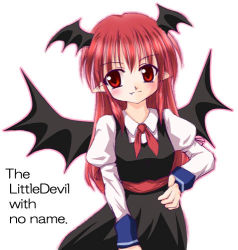 Rule 34 | 1girl, artist request, bat wings, embodiment of scarlet devil, english text, fang, female focus, head wings, koakuma, lowres, red eyes, red hair, simple background, solo, touhou, wings