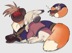 Rule 34 | animal, animal focus, brown headwear, closed eyes, clothed animal, couple, covered face, covered mouth, fox, fur hat, hat, hat feather, headdress, hetero, kenkon no washi, li sakura, long sleeves, lying, mask, mouth mask, multiple views, no humans, nuzzle, on back, rabbit, red headwear, robe, sash, sitting, sleeping, zzz