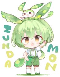 Rule 34 | 1girl, :d, animal ears, brown eyes, character name, chibi, clenched hand, commentary request, green footwear, green hair, green shorts, hair between eyes, hand up, kotatu (akaki01aoki00), looking at viewer, on head, open mouth, puffy short sleeves, puffy sleeves, shirt, shoes, short sleeves, shorts, smile, standing, suspender shorts, suspenders, thighhighs, v-shaped eyebrows, voiceroid, white background, white shirt, white thighhighs, zundamon