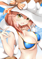 Rule 34 | 1girl, animal ear fluff, animal ears, bikini, blue bikini, blush, breasts, cleavage, collarbone, day, ears through headwear, fang, fate/grand order, fate (series), fox ears, fox shadow puppet, fox tail, hat, highres, large breasts, looking at viewer, luluhavinera, open mouth, outdoors, pink hair, side-tie bikini bottom, solo, sun hat, swimsuit, tail, tamamo (fate), tamamo no mae (fate/extra), tamamo no mae (swimsuit lancer) (fate), tamamo no mae (swimsuit lancer) (third ascension) (fate), yellow eyes