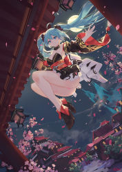 Rule 34 | 1girl, ahoge, artist name, atdan, blue eyes, blue hair, building, cherry blossoms, cleavage, detached sleeves, full body, full moon, hatsune miku, high heels, highres, jet pack, long hair, looking at viewer, moon, night, petals, smile, solo, twintails, vocaloid