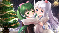 2girls, bangs, black jacket, blue kimono, blurry, blurry background, blush, bow, christmas, christmas ornaments, christmas tree, closed mouth, copyright name, depth of field, eyebrows visible through hair, flower, fringe trim, green eyes, green hair, grey scarf, hair bow, hair flower, hair ornament, highres, jacket, japanese clothes, kerberos blade, kimono, long hair, long sleeves, mirai (happy-floral), multiple girls, official art, pink bow, ponytail, purple eyes, red flower, red rose, ribbon-trimmed sleeves, ribbon trim, rose, scarf, shared scarf, silver hair, smile, twintails, very long hair, watermark, yuri